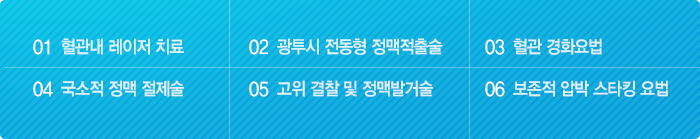 1.혈관내 레이저치료, 2.광투시 전동형 정맥적출술, 3.혈관 경화요법, 4.국소적 정맥 절제술, 5.고위 결찰 및 정맥발거술, 6.보존적 압박 스타킹 용법